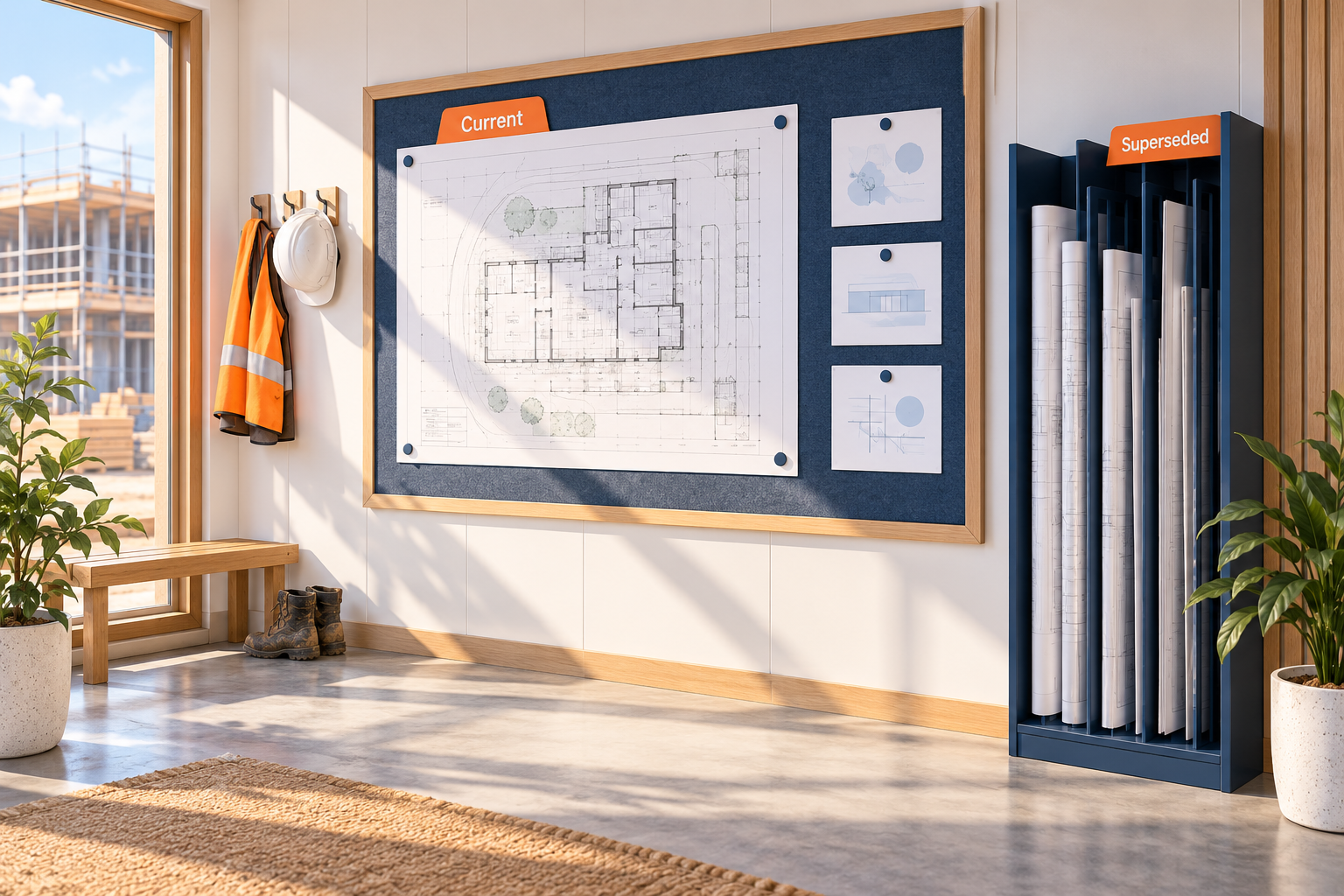 Illustrated document-control board and drawing rack showing current job information