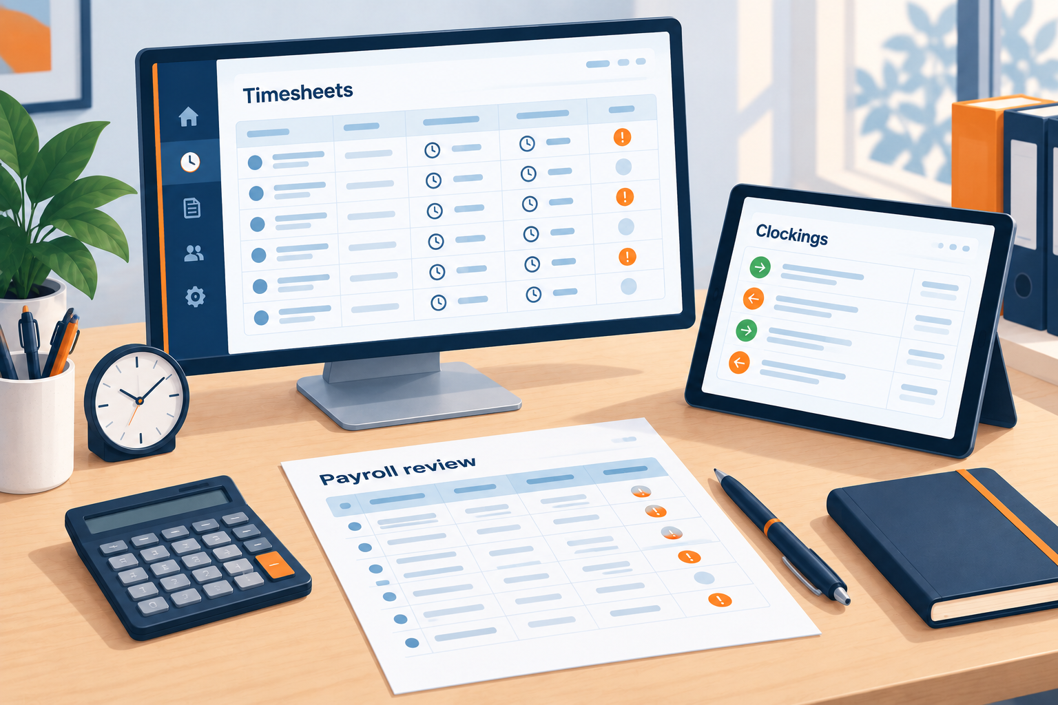 Illustrated payroll review with timesheets and clocking records