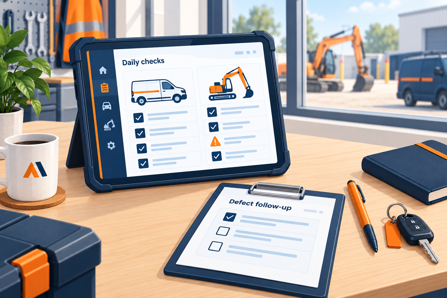 Illustrated plant and vehicle inspection checklist with defect follow-up