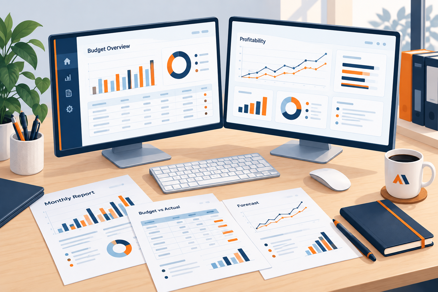 Illustrated workstation showing budgets and financial reports