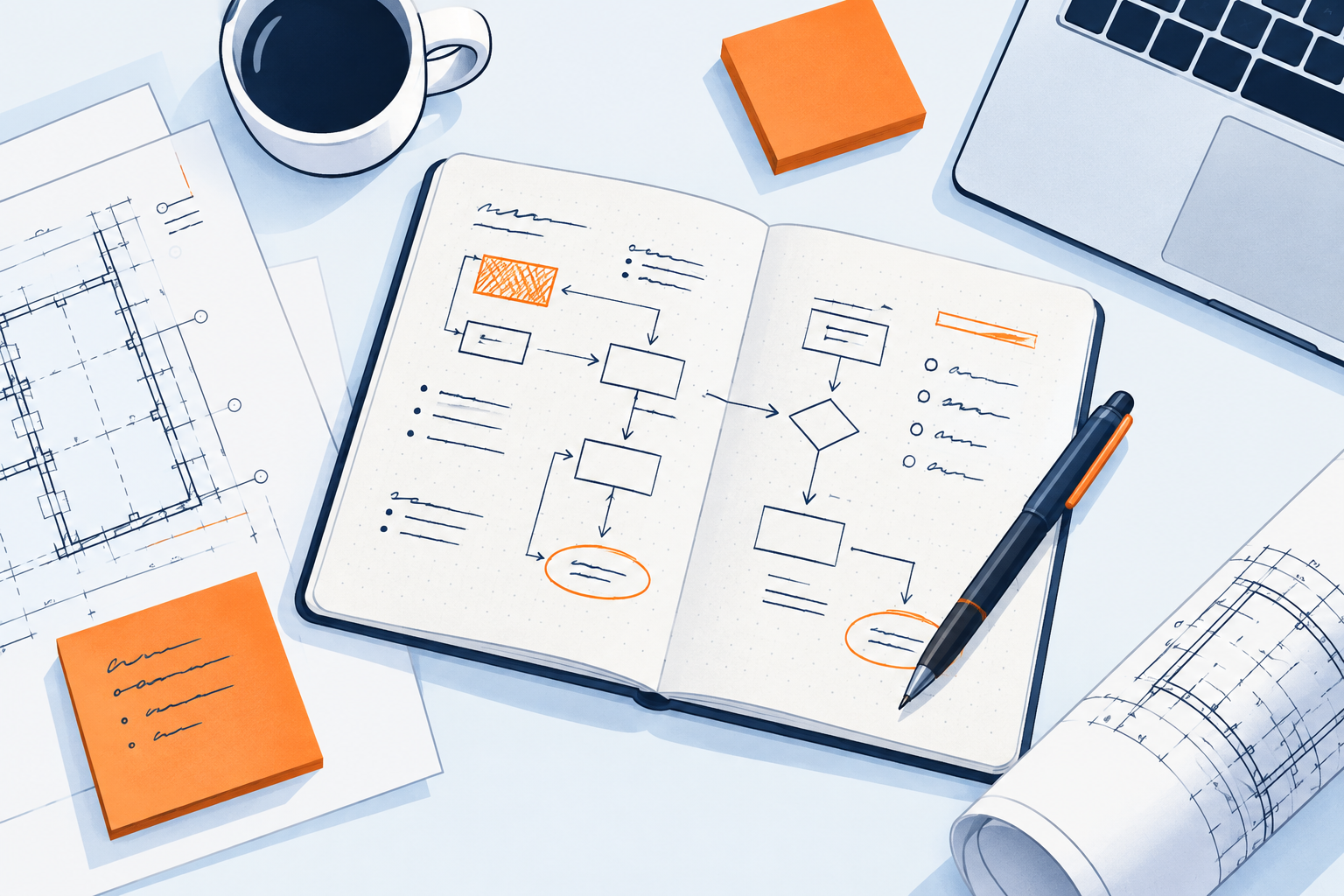 Illustrated desk with a workflow plan and notes