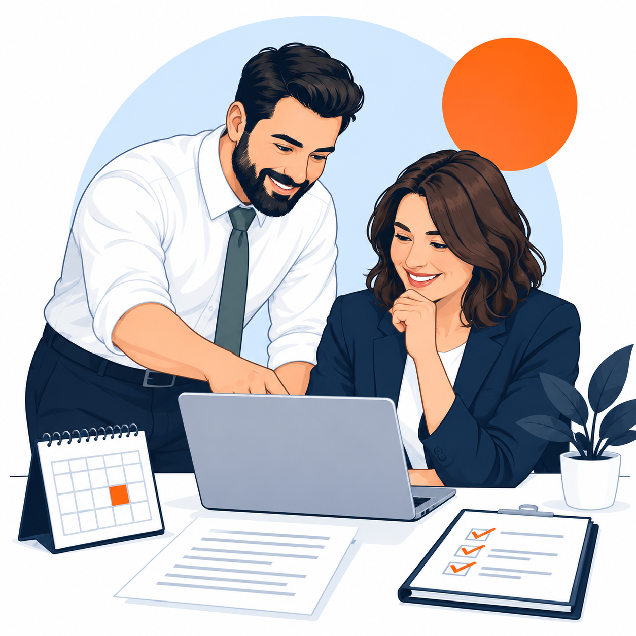 Illustration of a consultant and business owner reviewing workflows at a laptop