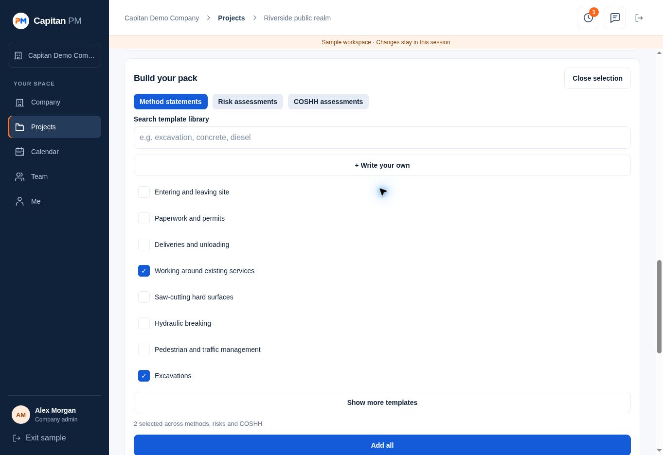 RAMS builder with method, risk and COSHH tabs, editable templates and an Add all button