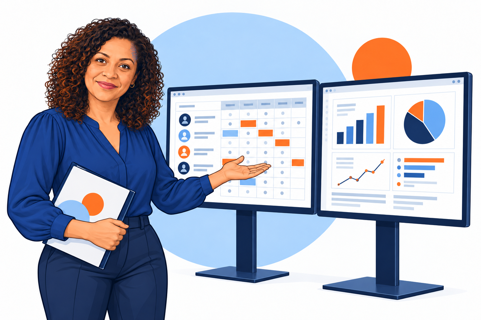 Capitan illustration of Aria working on people & business reporting