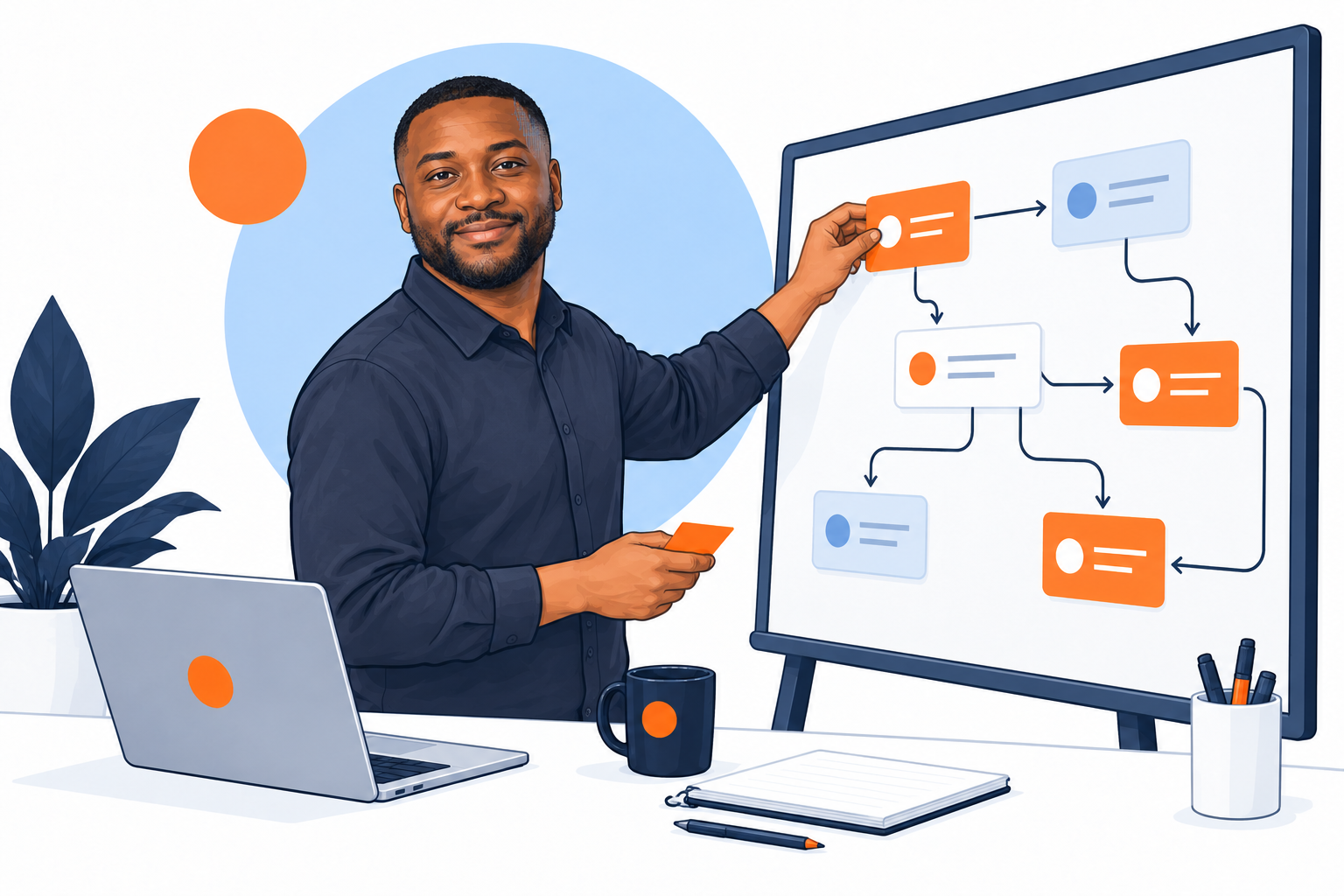 Capitan illustration of Axel working on business improvement & automation