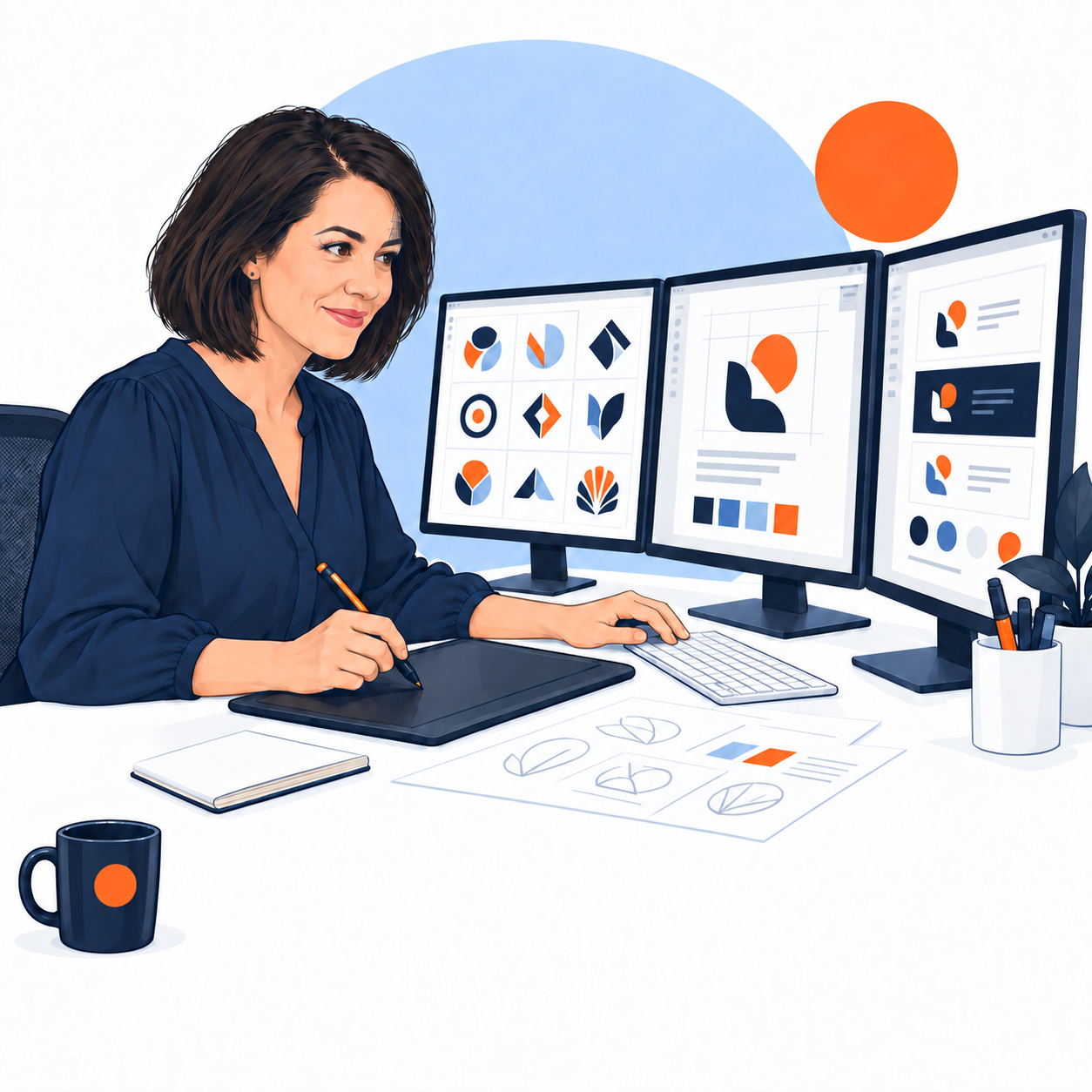 Capitan illustration of Nova working on branding & websites
