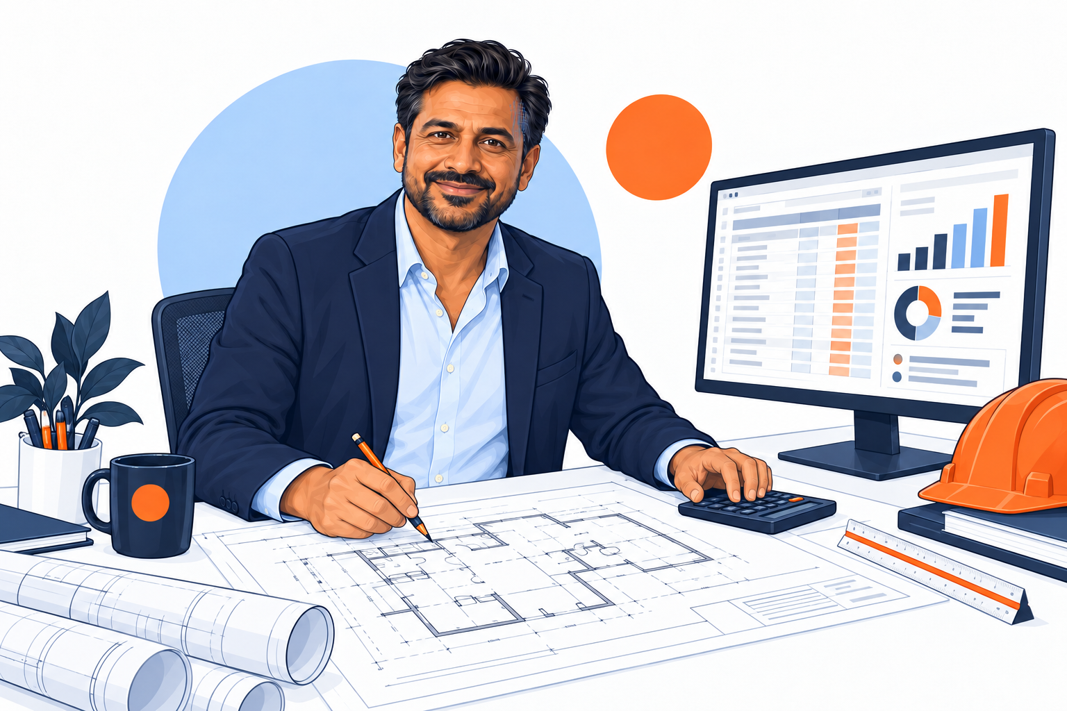 Capitan illustration of Ravi working on estimating & commercial support